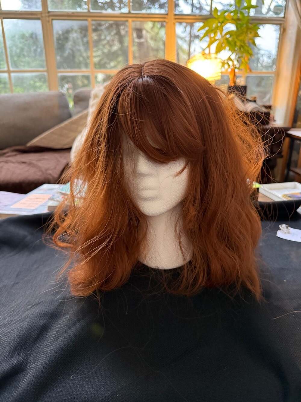 Red Synthetic Wig Shoulder Length Wavy With Bangs Ginger